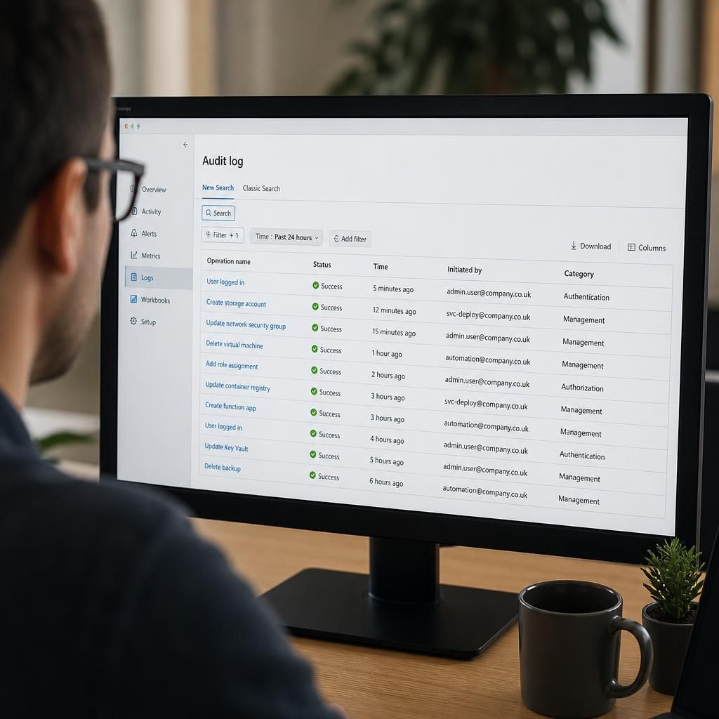 Cloud audit log showing administrator sign-ins, configuration changes and event timestamps