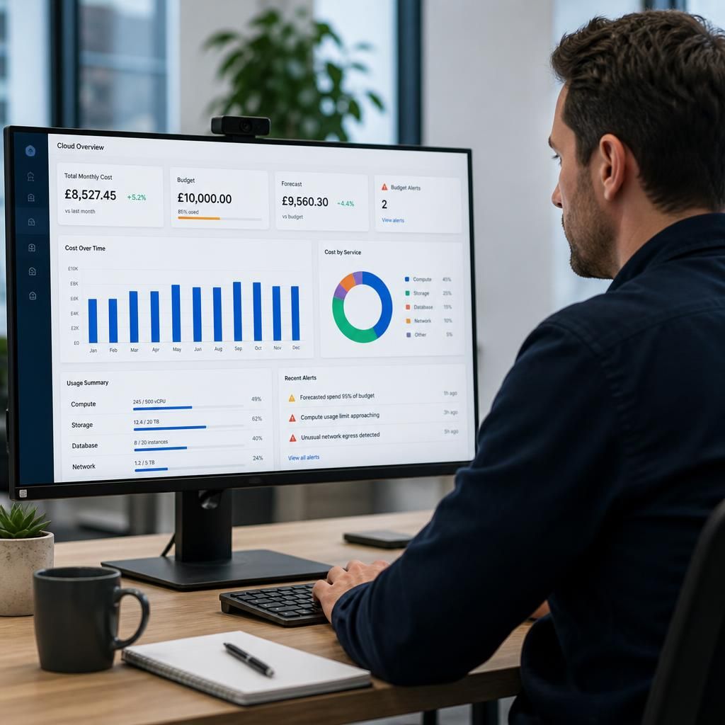Cloud billing dashboard displaying resource usage, budget alerts and monthly expenditure
