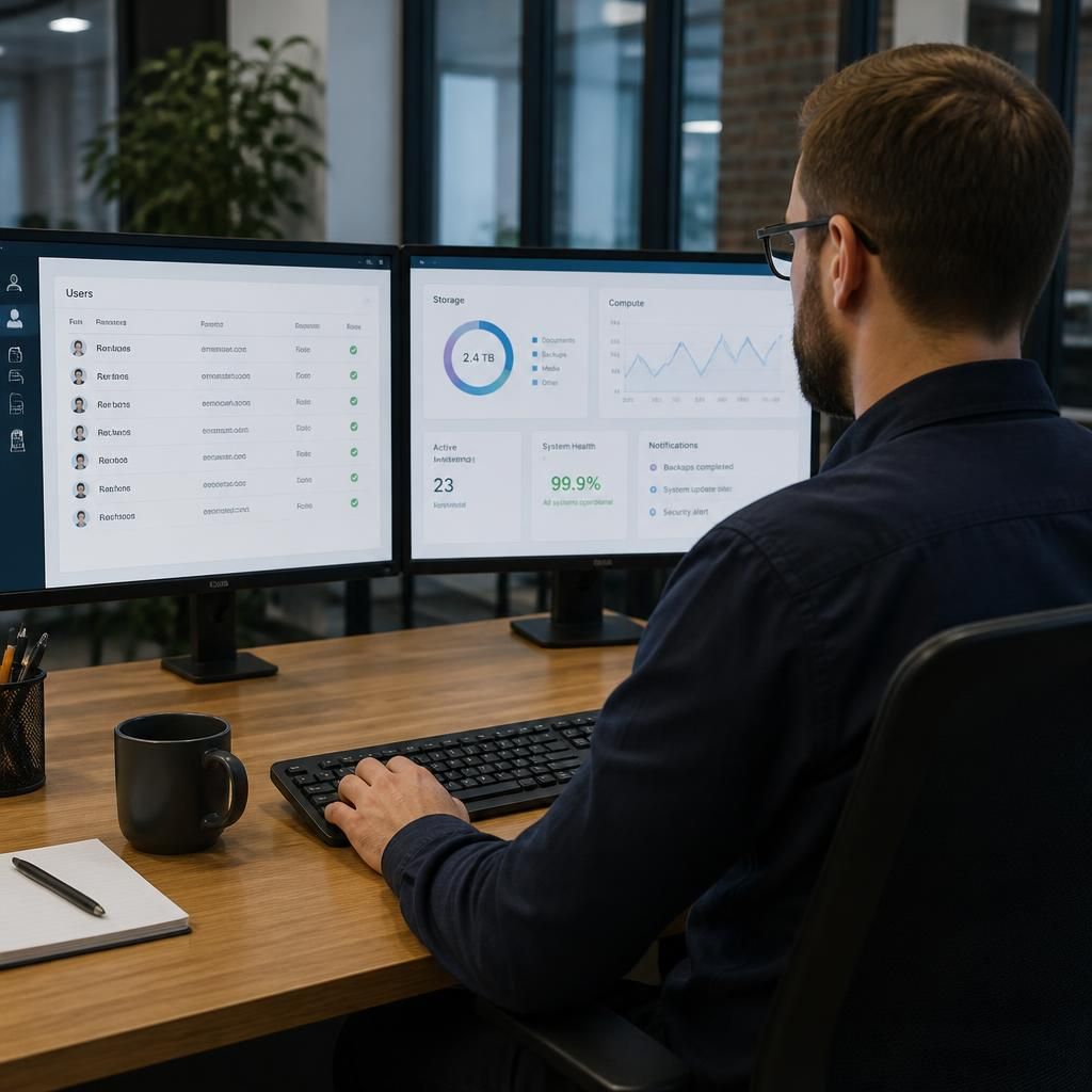 Cloud management dashboard showing user accounts, storage and computing resources