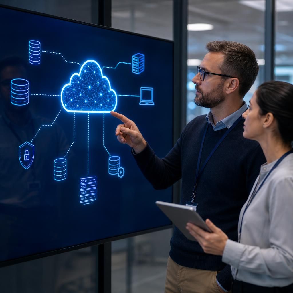 Cloud infrastructure diagram showing servers, data storage and backup connections