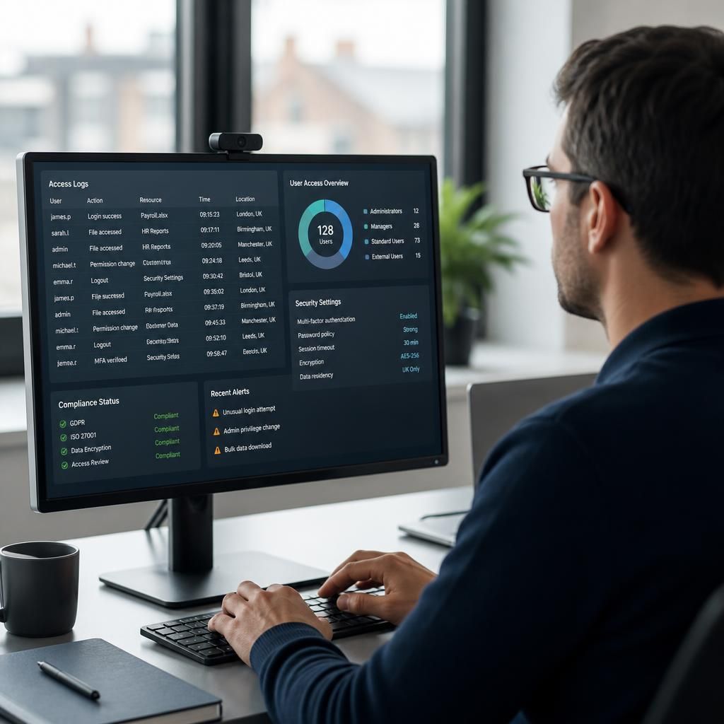 Cloud compliance dashboard showing access logs and data security settings
