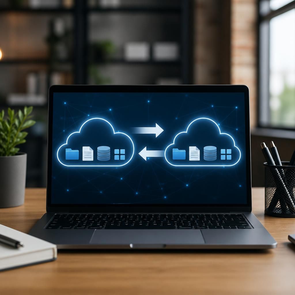 Diagram showing files, databases and applications moving between two cloud environments
