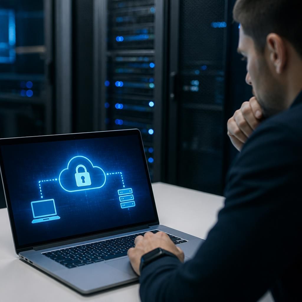 Laptop, office network and cloud server connected by encrypted data pathways