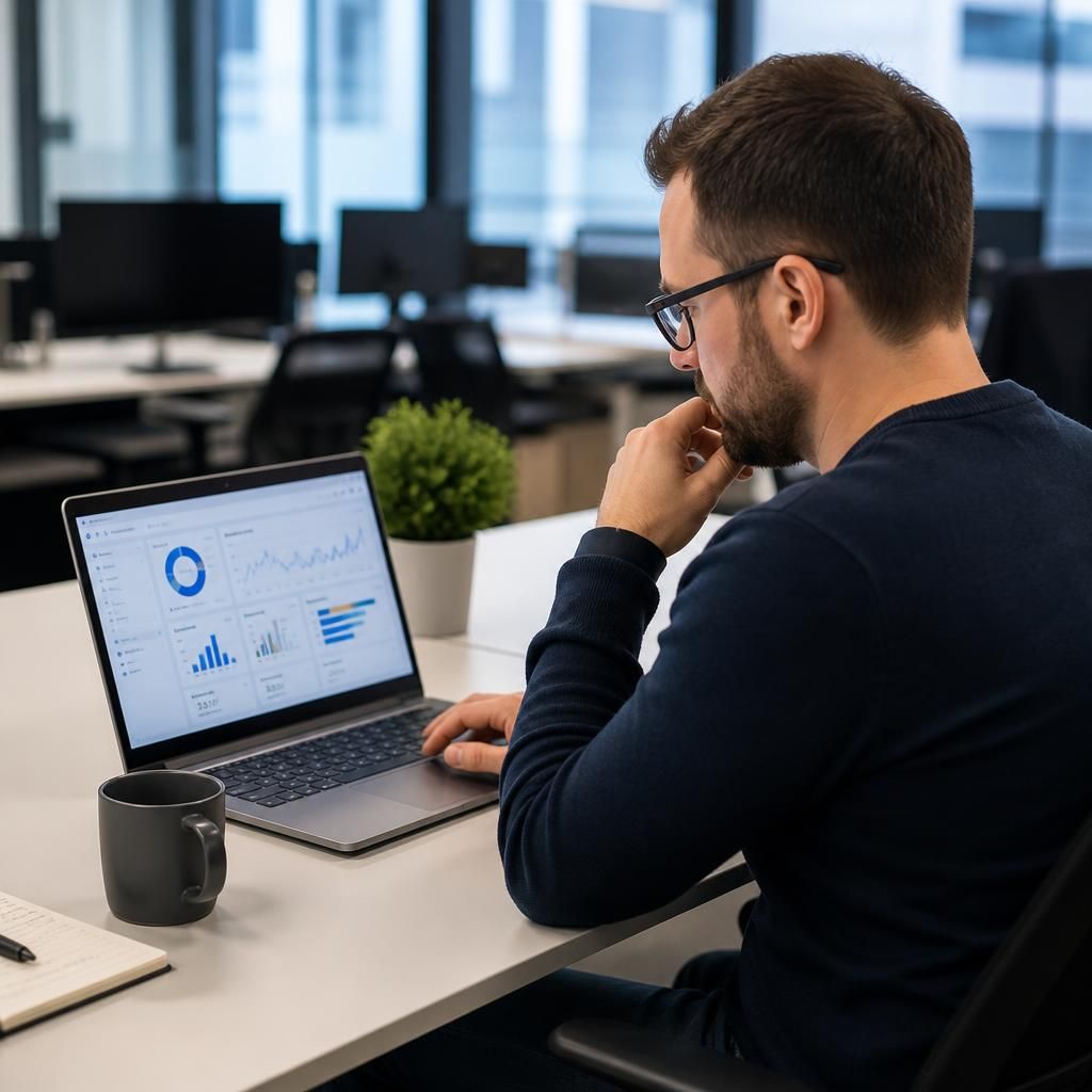 IT professional reviewing cloud service dashboards on a laptop