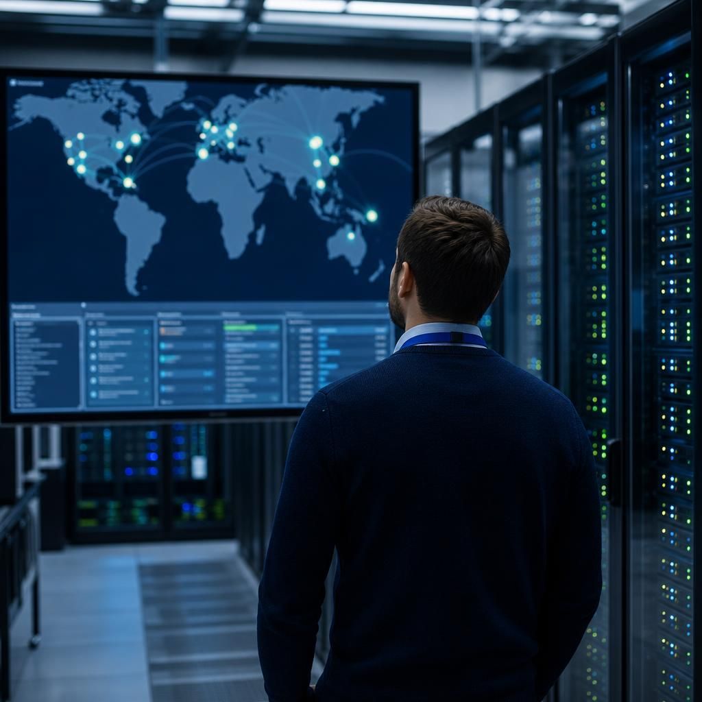 Cloud data centre servers with a map showing regional data storage locations