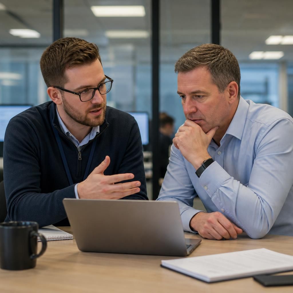 IT specialist discussing cloud systems with a business client