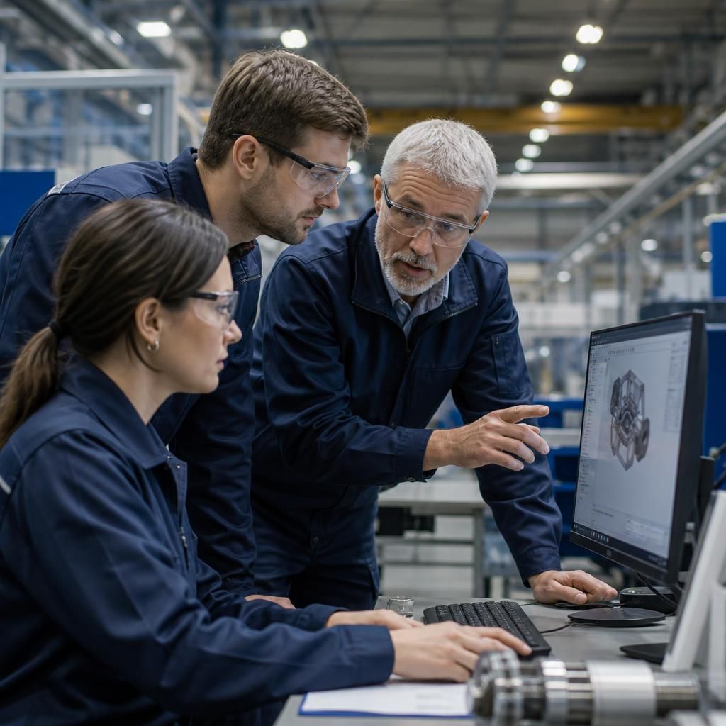 Manufacturing team using cloud-connected systems during production planning
