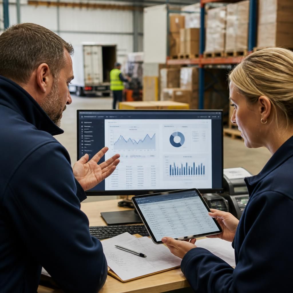 Logistics staff coordinating operations through cloud-based business systems