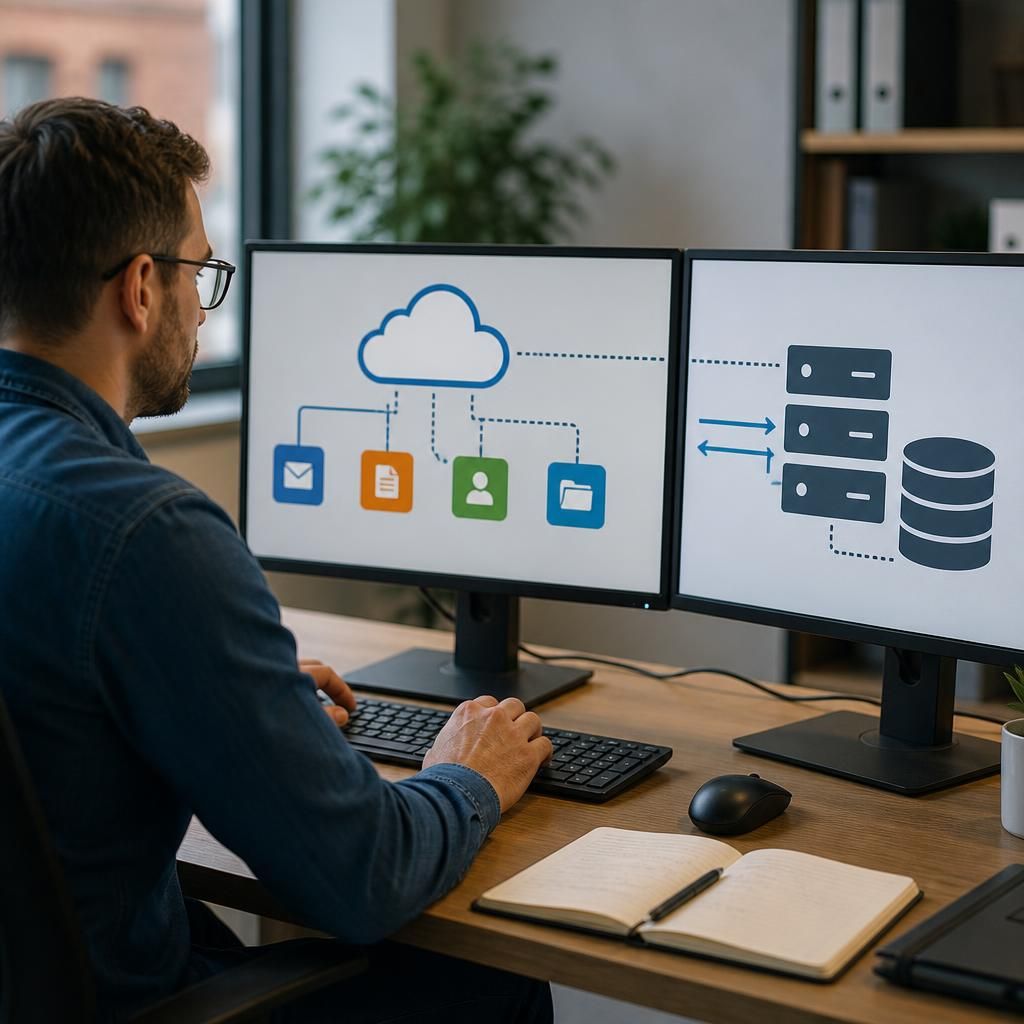 Diagram showing data exchange between cloud applications and an on-premises business system