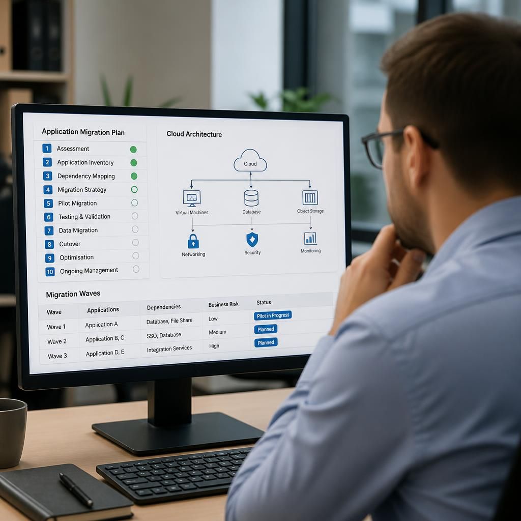 Computer screen showing an application migration plan and cloud architecture diagram
