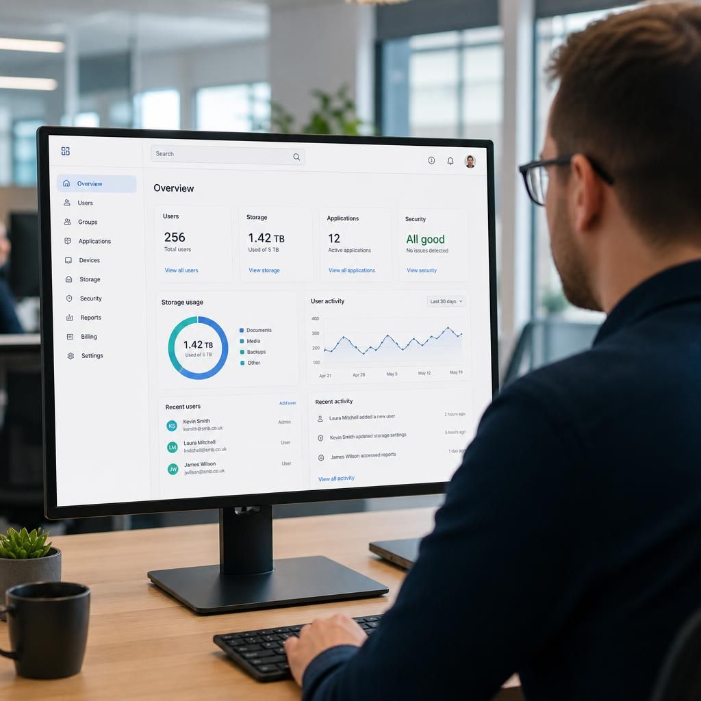 Cloud management dashboard displaying user accounts, storage and application settings