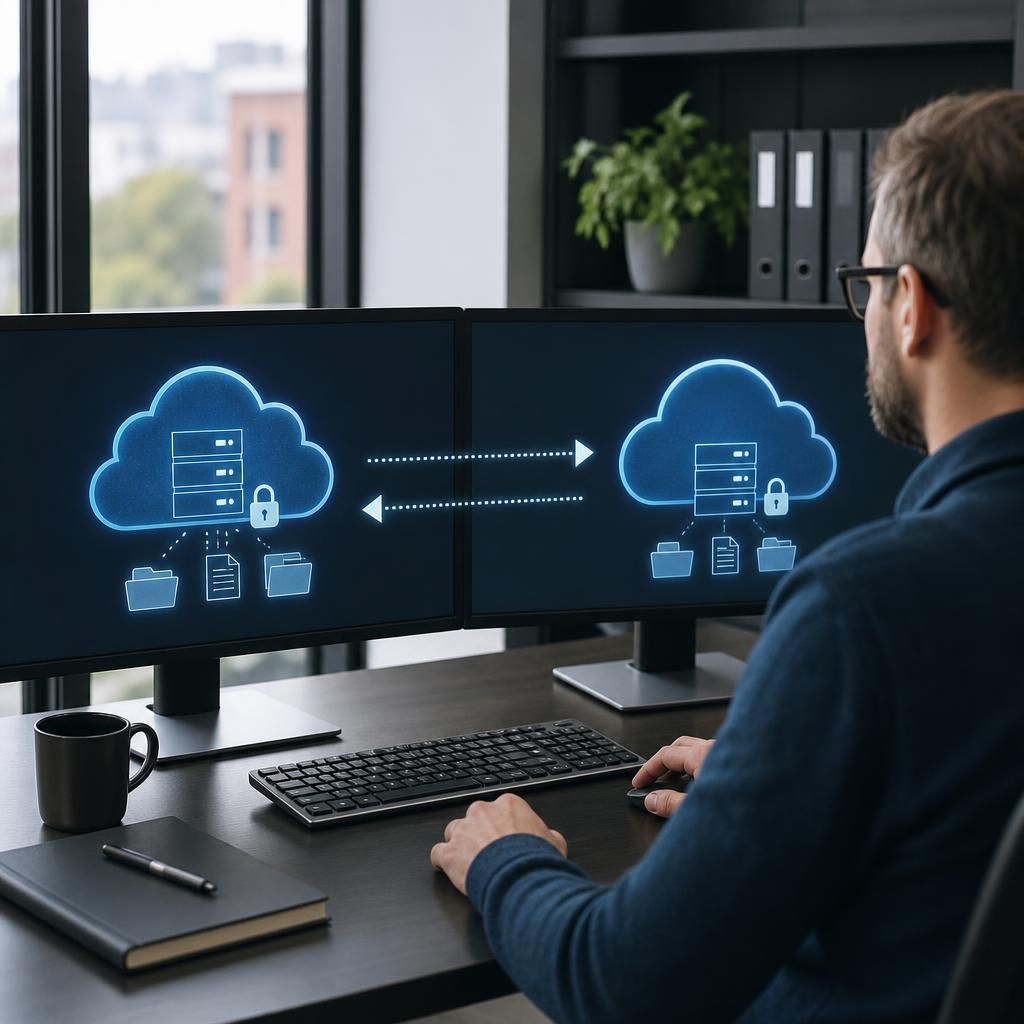 Diagram showing business data moving between two cloud provider environments