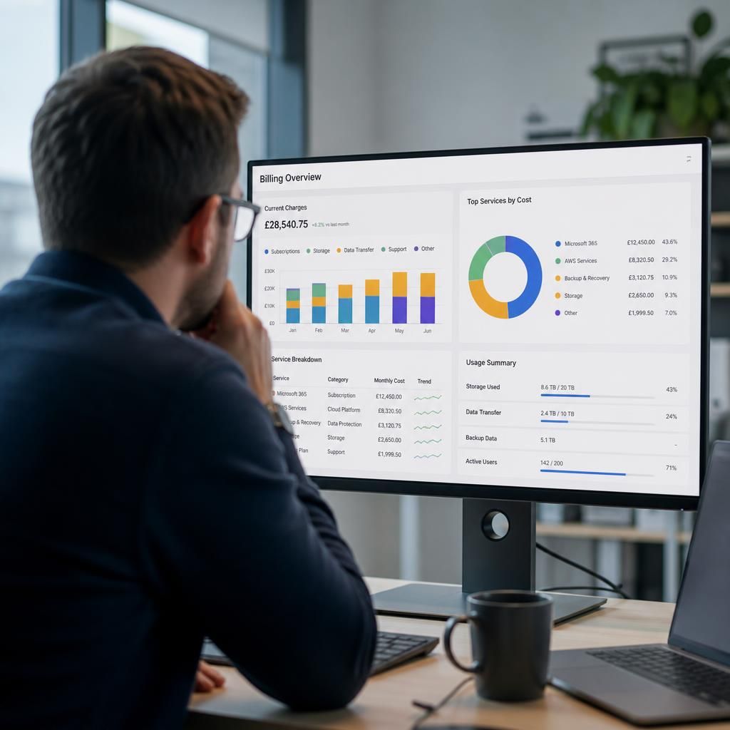 Cloud billing dashboard showing subscription, storage and usage charges
