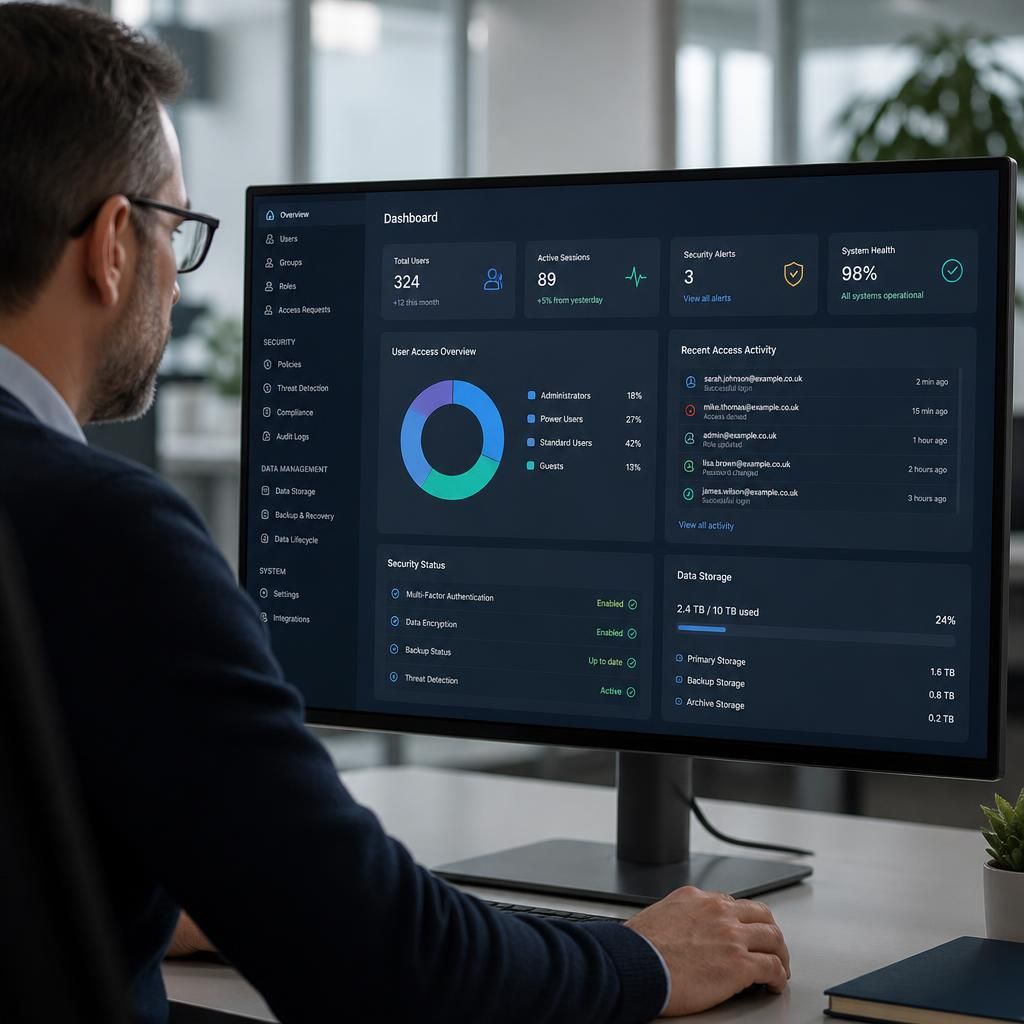 Cloud service provider dashboard showing user access, security and data management settings