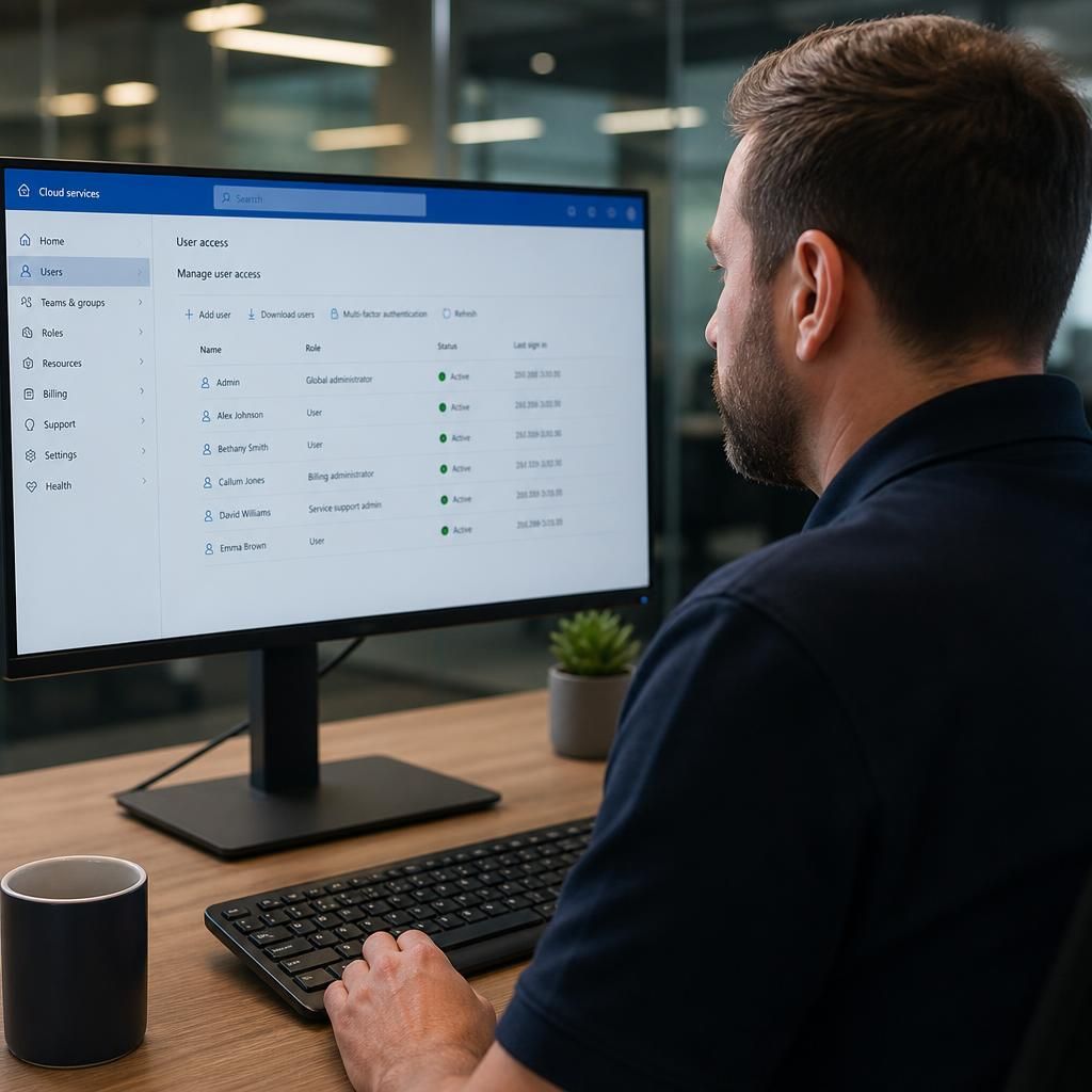 IT professional reviewing cloud service settings and user access controls on a computer