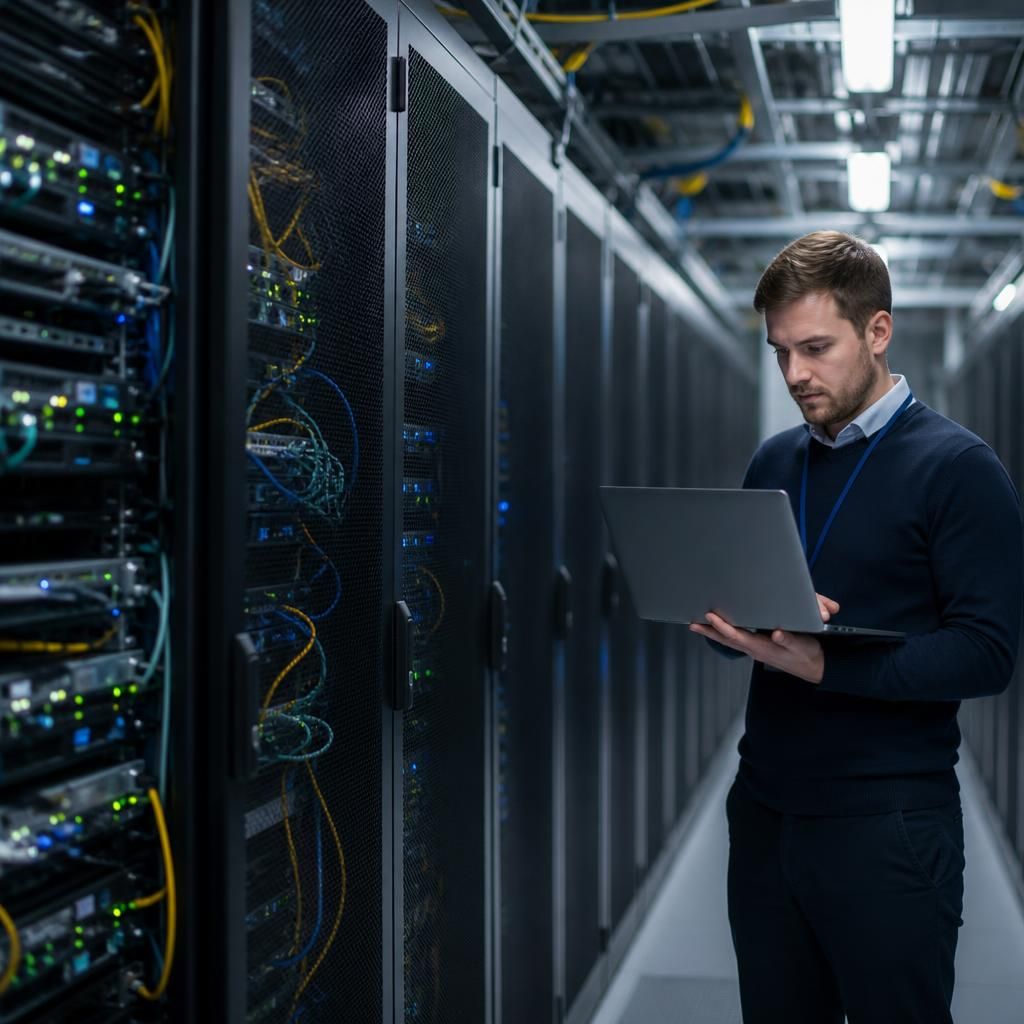 Rows of server racks in a data centre with network cables