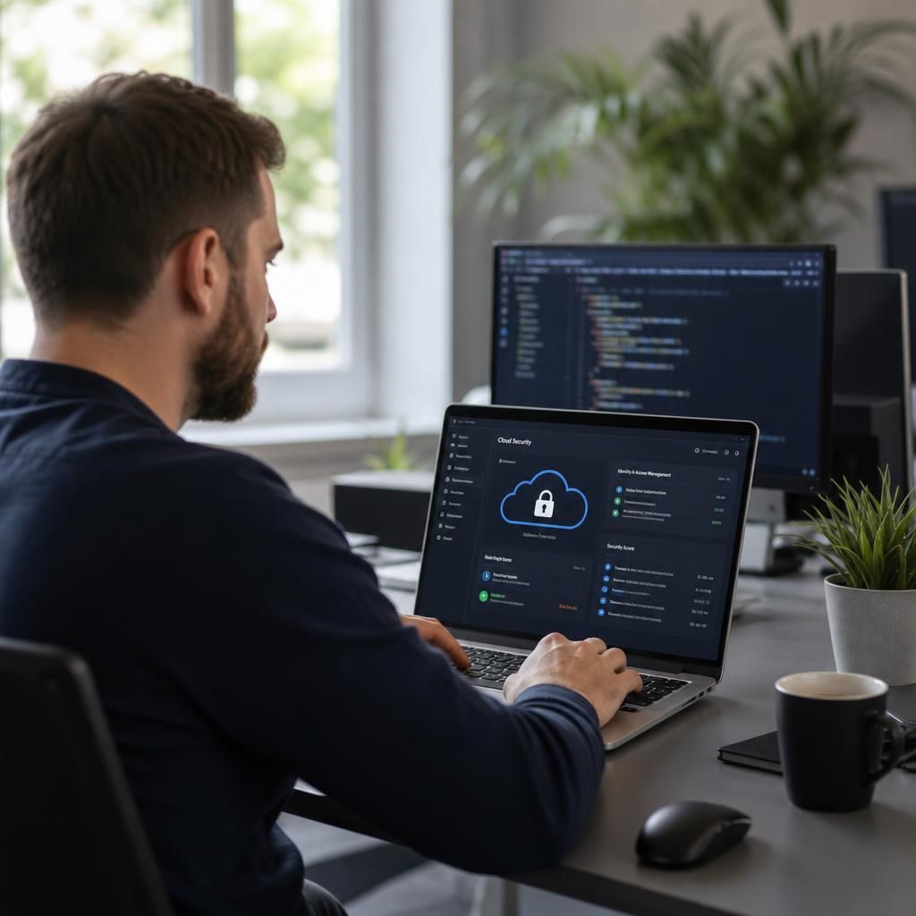 IT specialist reviewing cloud security settings on a laptop