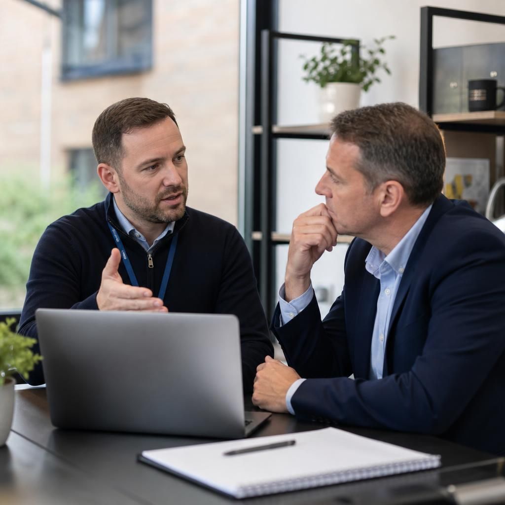 IT specialist discussing cloud systems with a small business owner at a desk