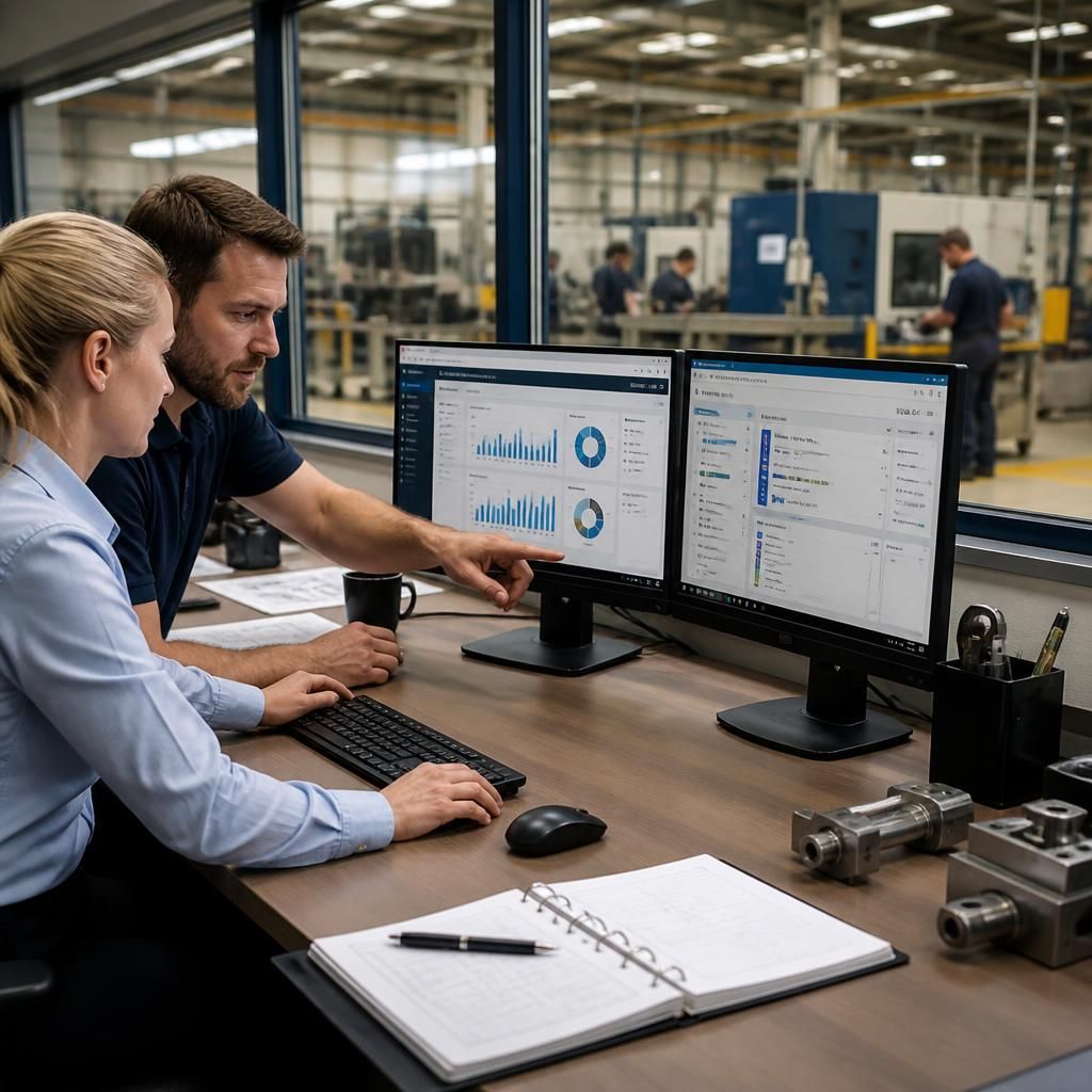 Manufacturing staff using cloud-connected systems in an office beside a production area
