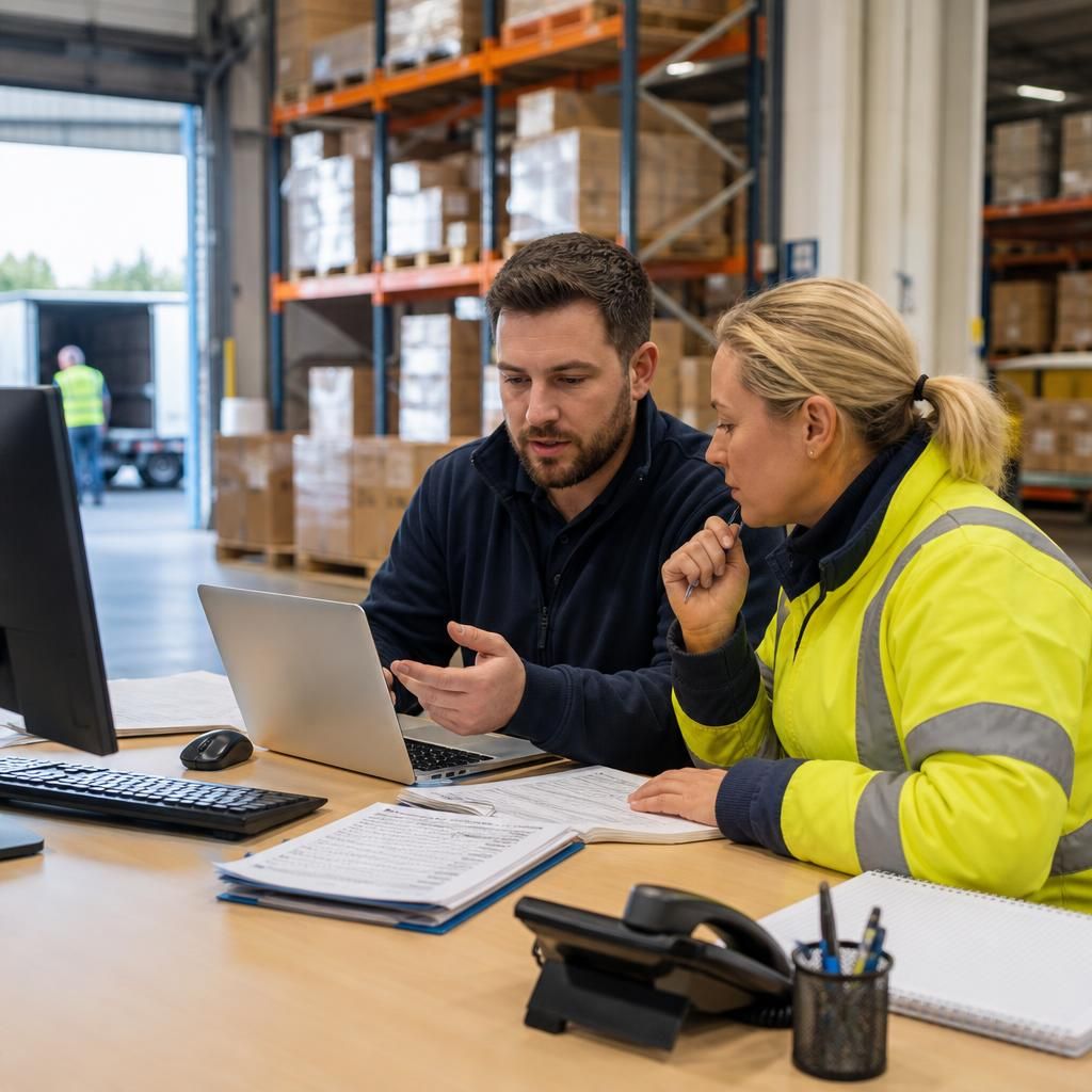 Logistics staff coordinating schedules and records using cloud applications
