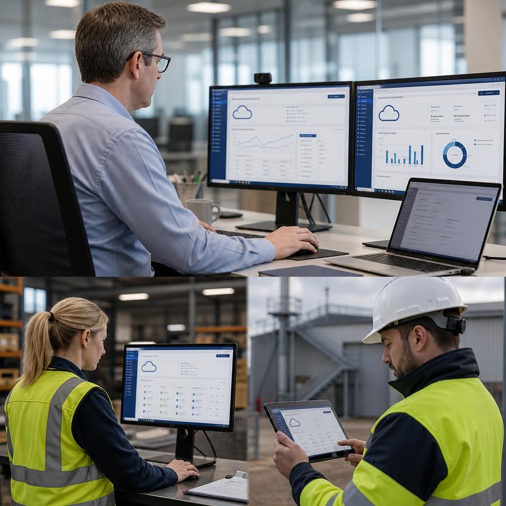 Managers at different business sites working with shared cloud systems