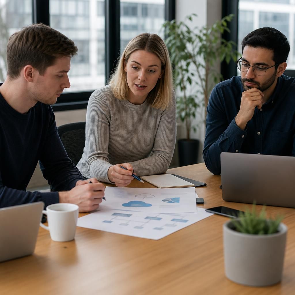 Small business team discussing a structured cloud services plan