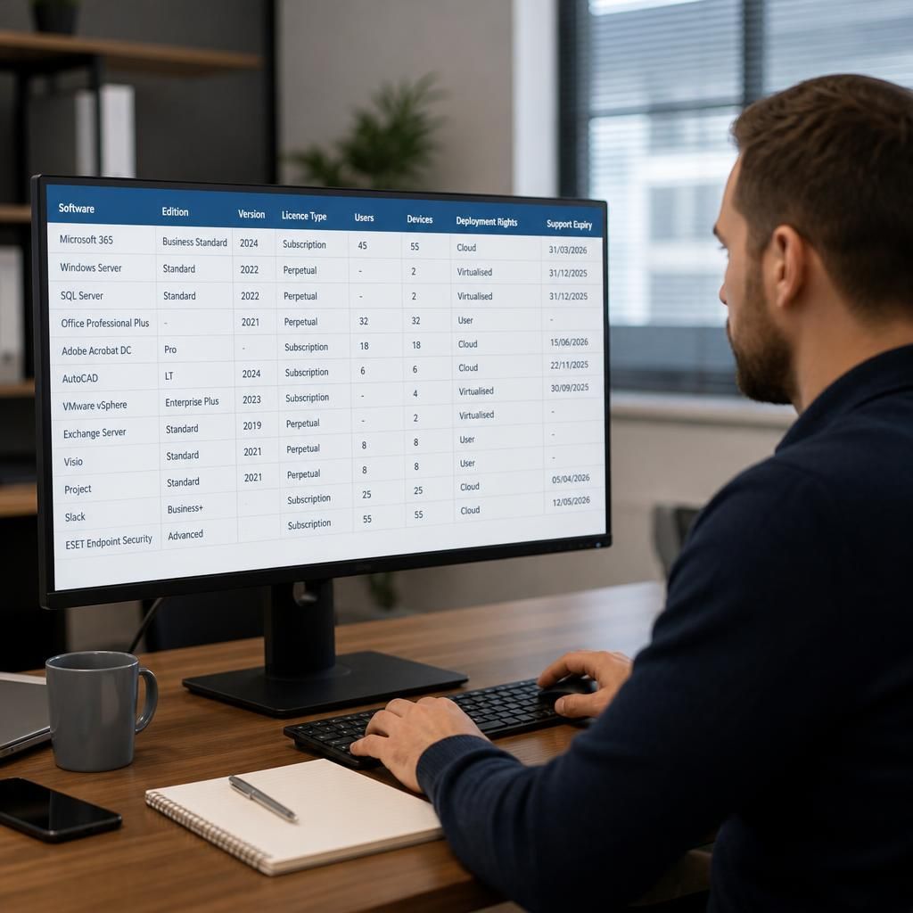 Software licence inventory showing applications, users, versions and deployment rights