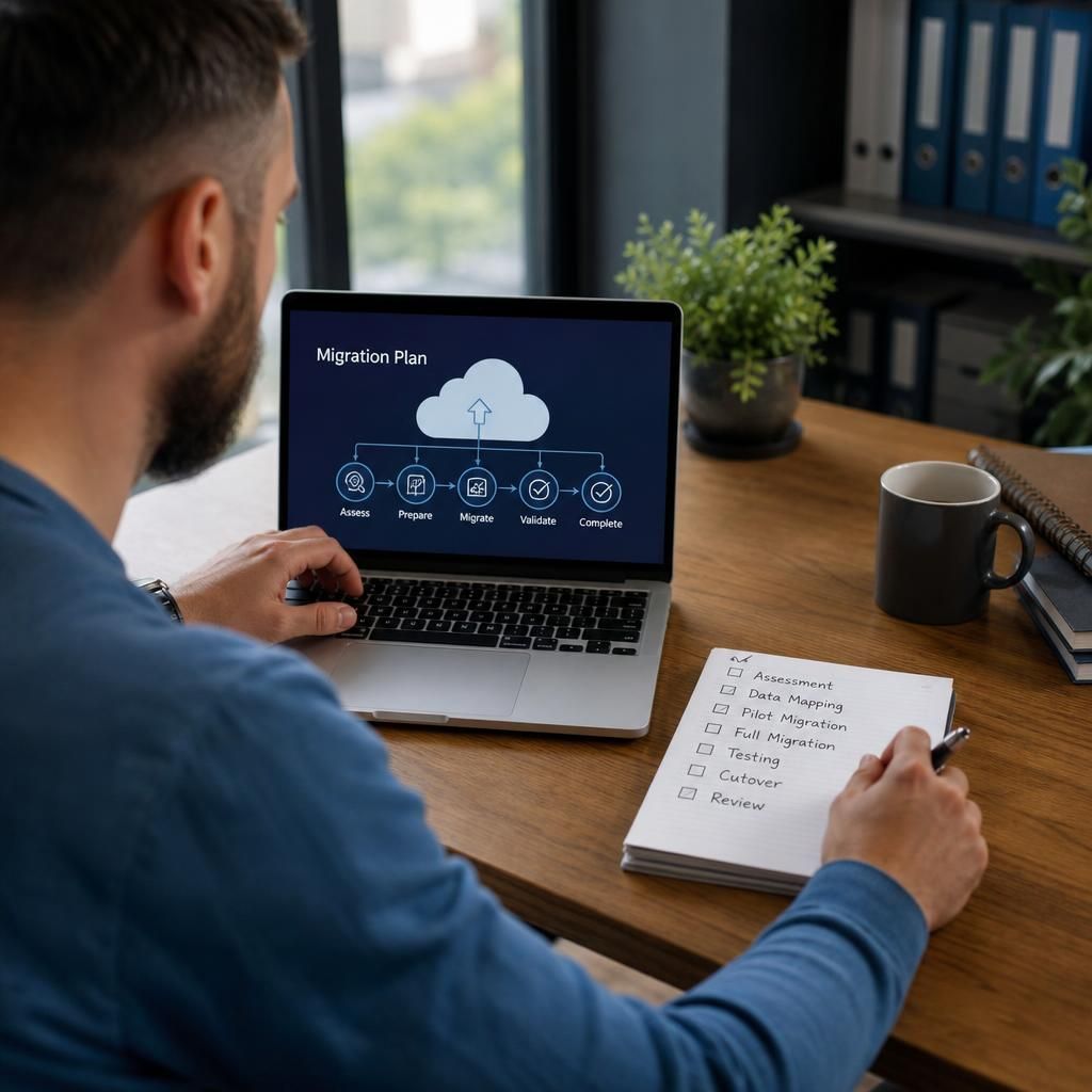 IT professional reviewing a cloud migration plan on a laptop beside a project checklist