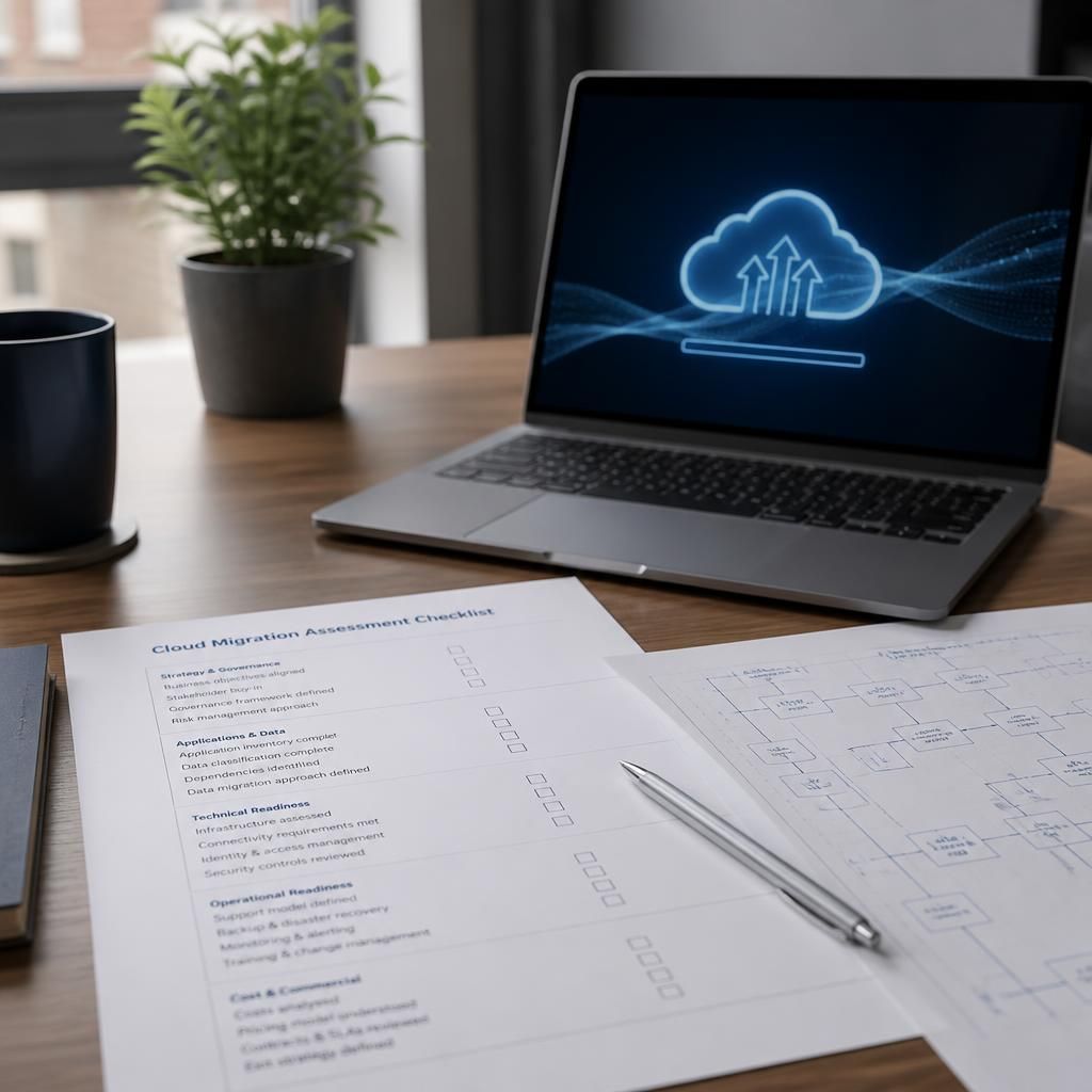 Laptop displaying a cloud migration assessment checklist beside printed system notes