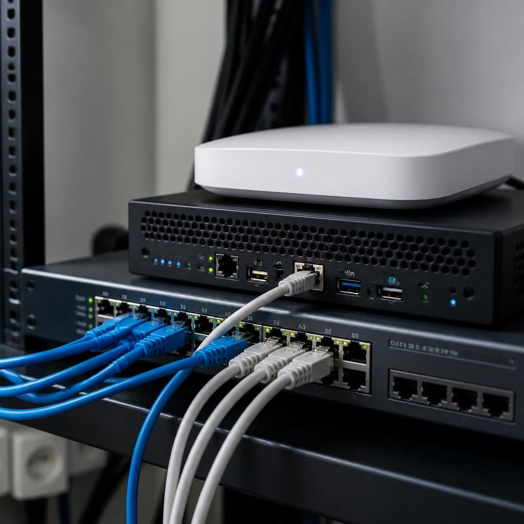 Business network switch, firewall and wireless access point connected by Ethernet cables