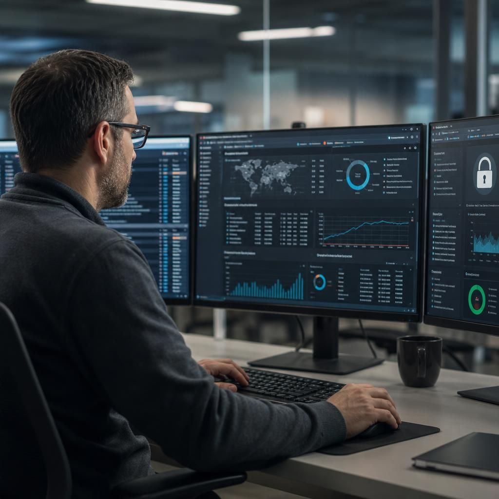 Cloud security dashboard showing user access logs, encryption settings and backup status