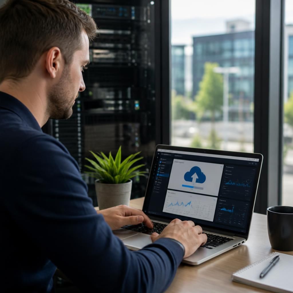 Technician reviewing a cloud migration test checklist on a laptop