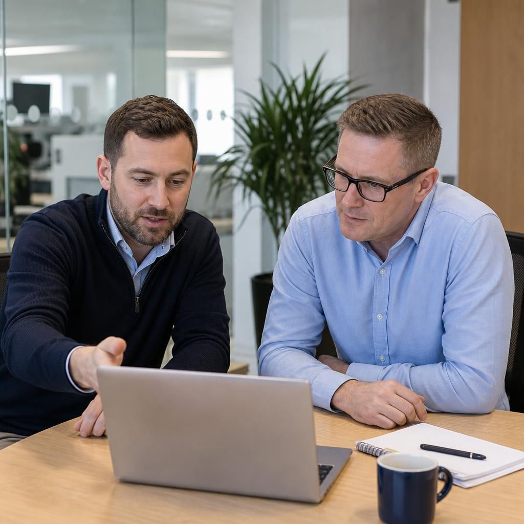 IT consultant discussing technology with a small business owner at a desk