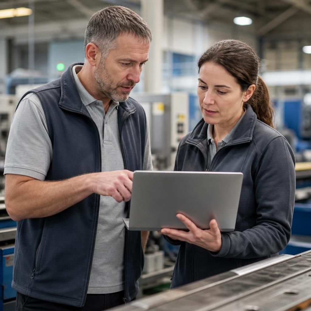 Manufacturing staff reviewing production information on connected business systems
