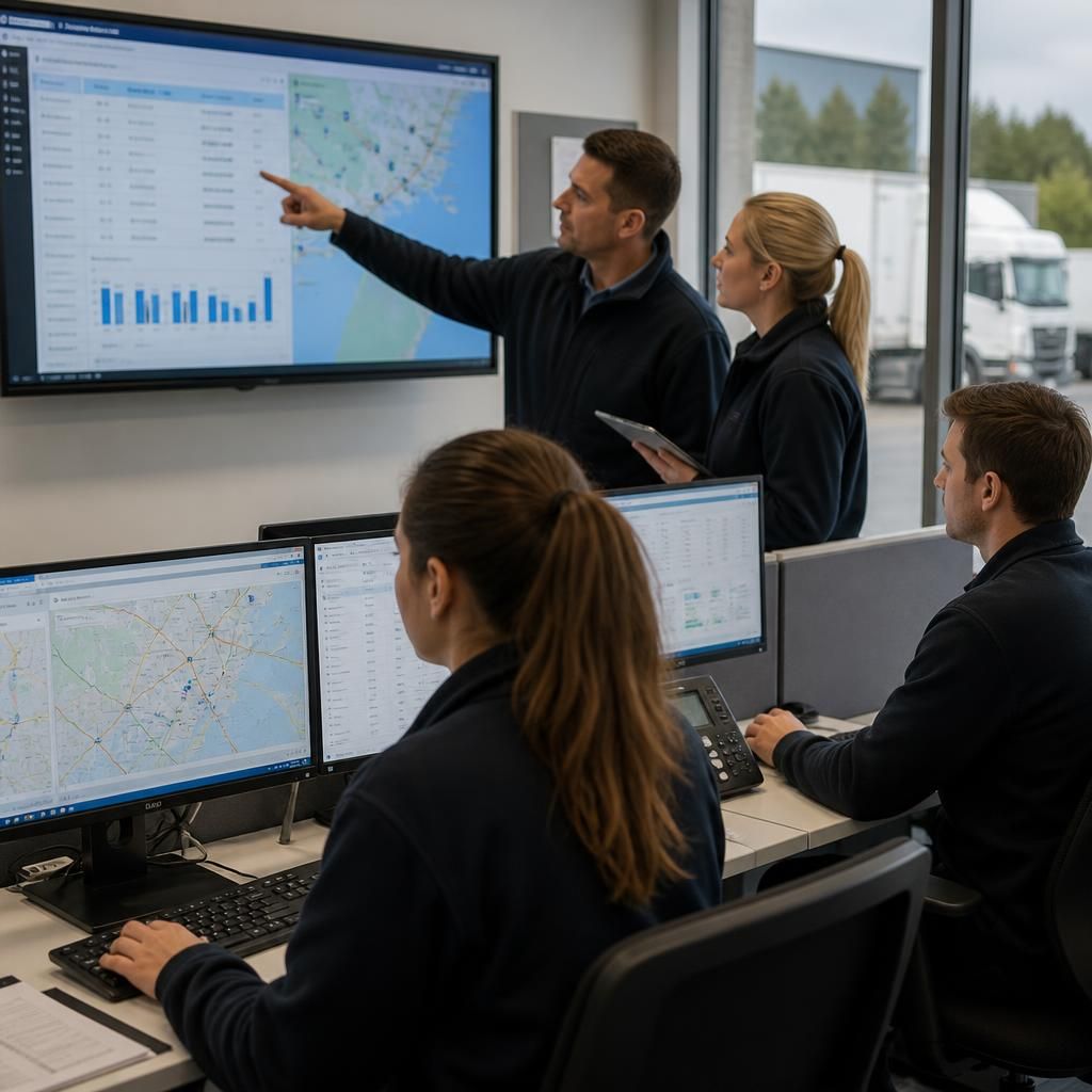 Logistics team using cloud-based systems to coordinate deliveries and records