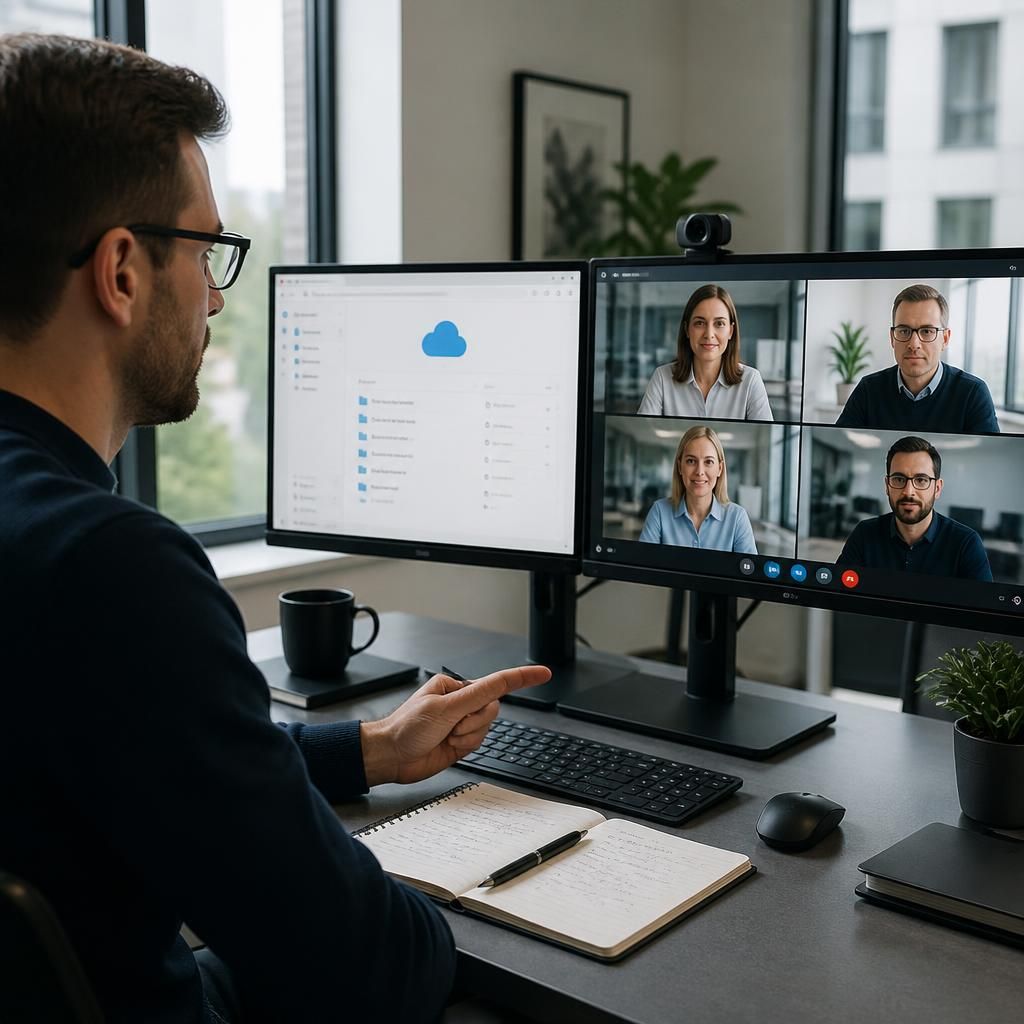 Colleagues at separate offices collaborating through shared cloud applications