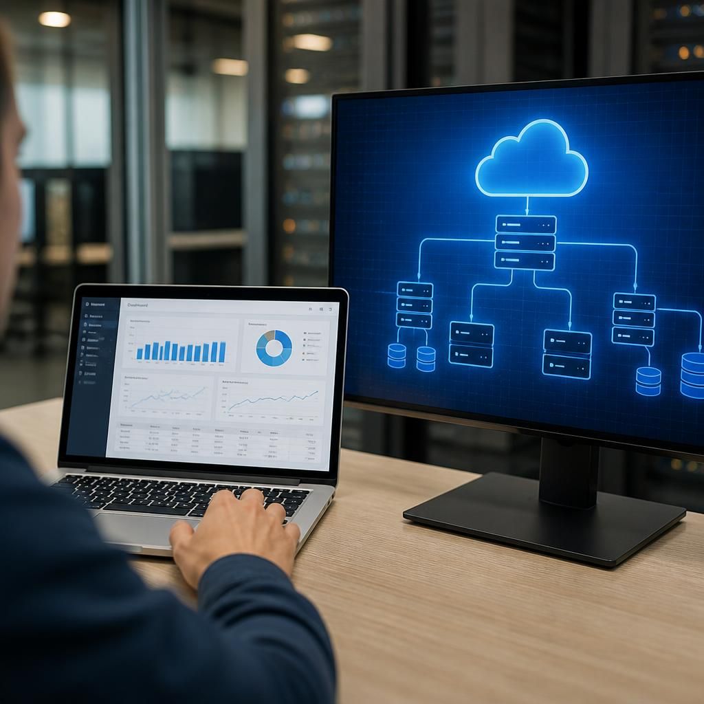 Business software dashboard displayed beside a cloud server infrastructure diagram
