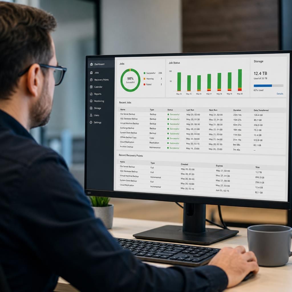 Cloud server backup dashboard showing scheduled jobs and recovery points