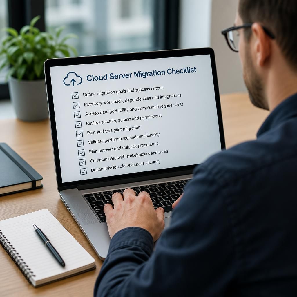 Cloud server migration checklist displayed on a laptop screen