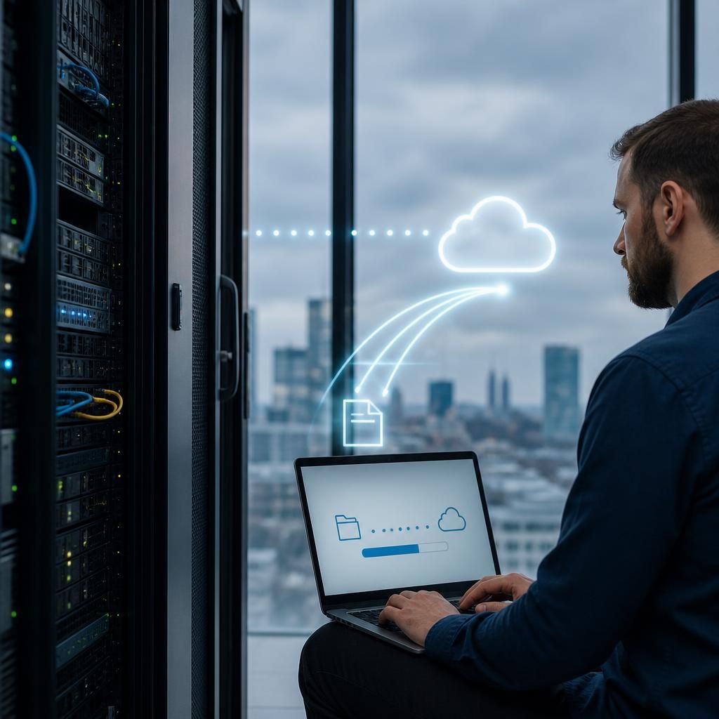 Diagram showing data moving from an on-premises server to a cloud environment