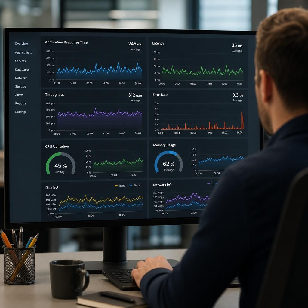 Cloud server dashboard showing application response times, latency and resource usage