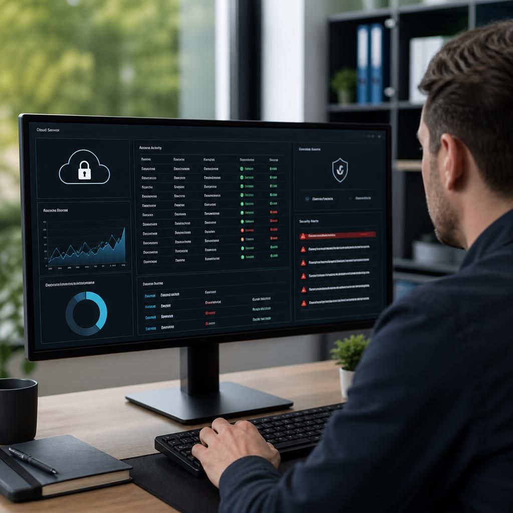 Cloud server dashboard showing access logs, firewall rules and security alerts