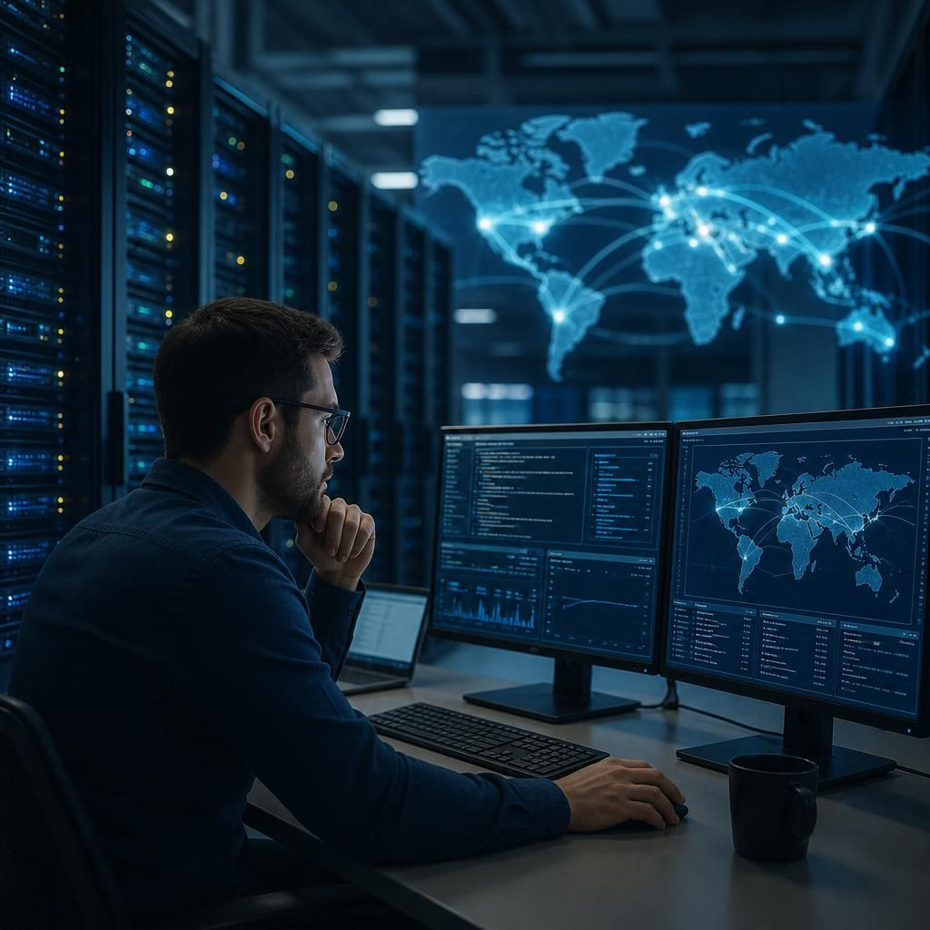 Cloud server data centre with geographic location markers and connected backup systems