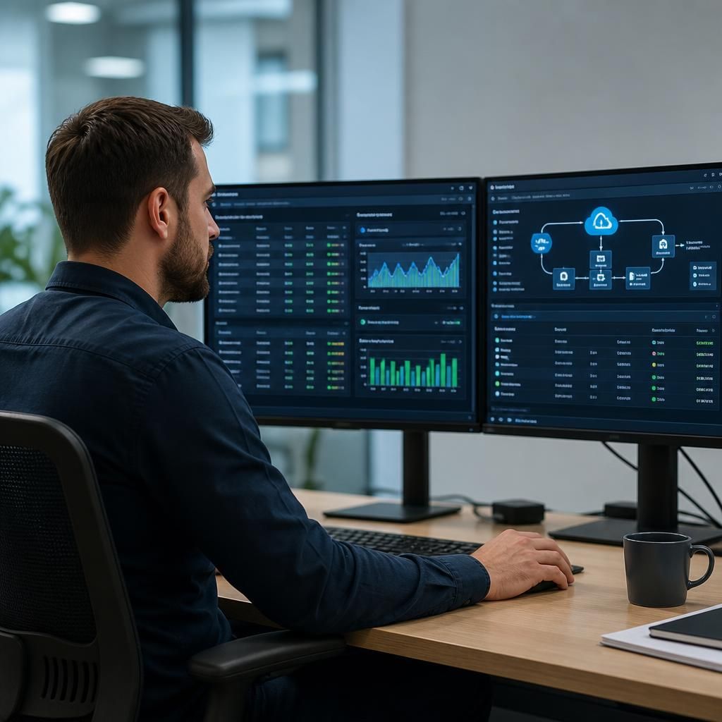 IT administrator reviewing cloud server settings on a monitoring dashboard
