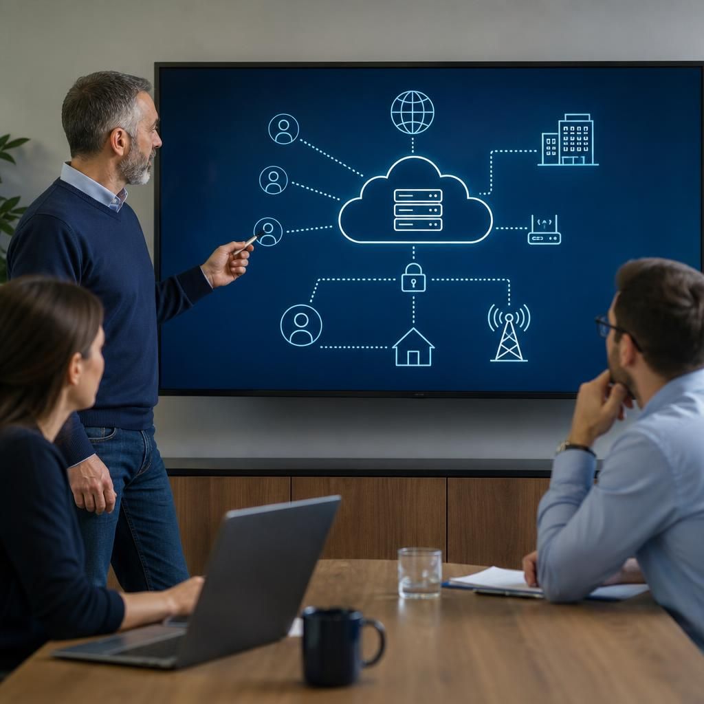 Network diagram showing a cloud server connected to office users, remote workers and a secondary internet link