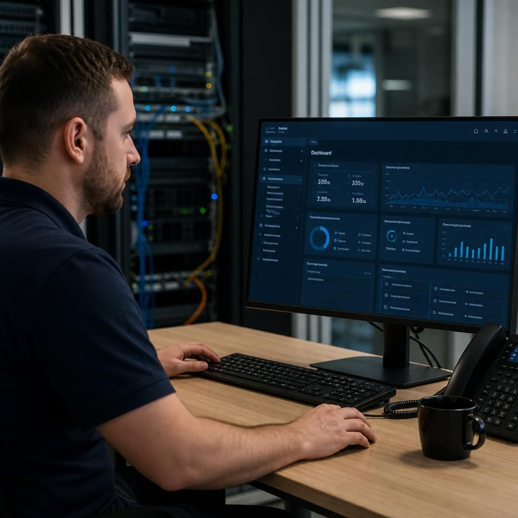 IT specialist reviewing server settings on a computer monitor