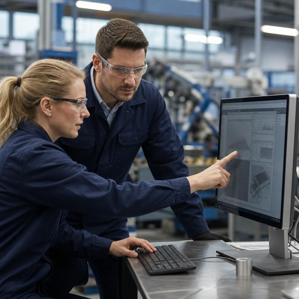 Manufacturing staff reviewing production information on a connected workstation