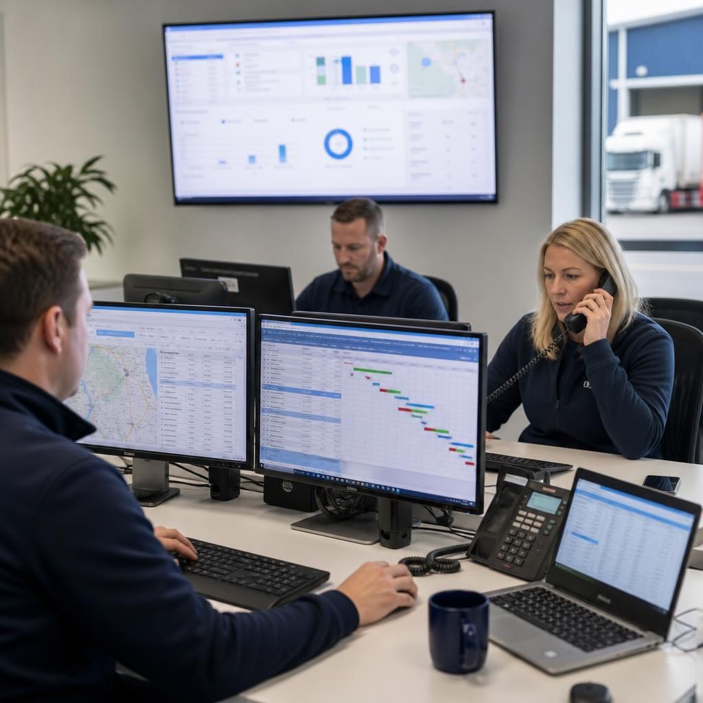 Logistics team using cloud-hosted systems to coordinate business information