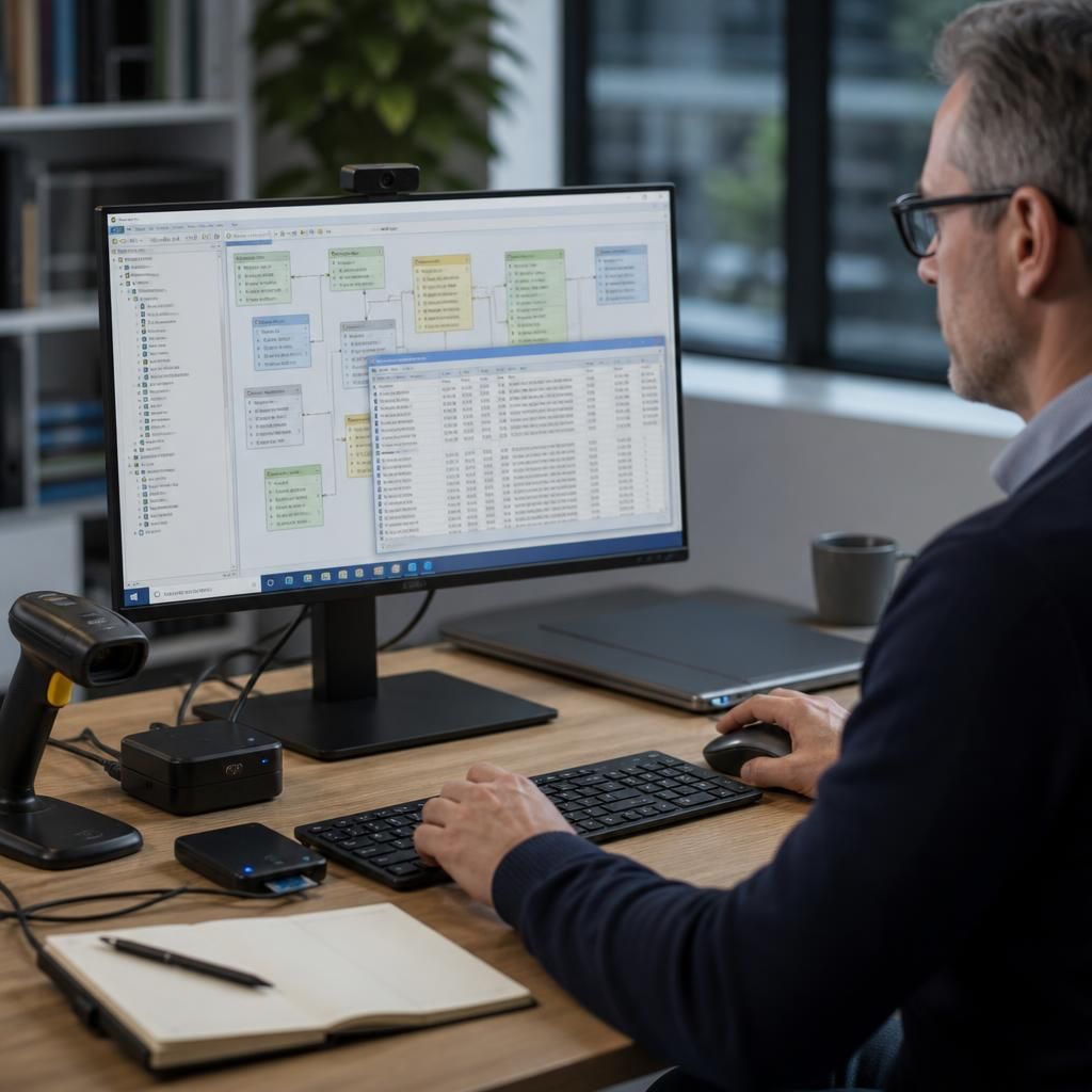 Specialist business application displayed on a hosted desktop with database and peripheral connections
