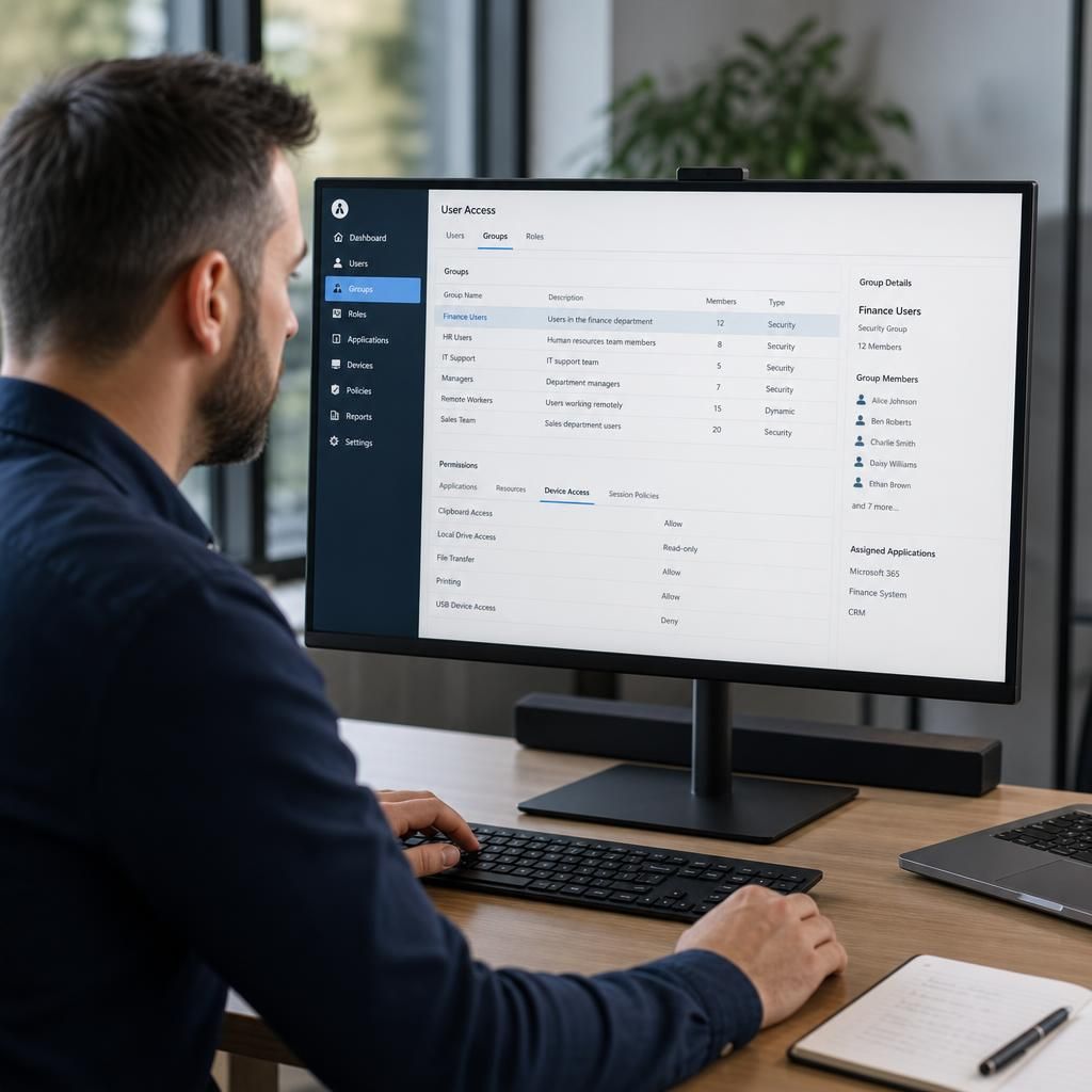 Administrator reviewing user access groups and application permissions in a hosted desktop console